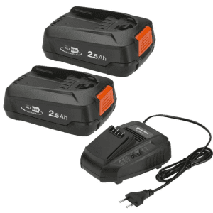 Gardena battery starter kit includes charger and two 18V 2.5Ah batteries